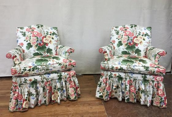 Custom-floral-chintz-bedroom-chairs-down-cushion-shirred-dress-maker-skirt