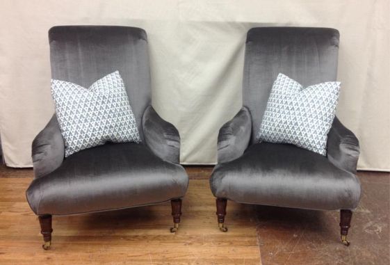 Custom-velvet-rollback-chairs-upholstered-seat-stained-turned-legs-casters-knife-edge-pillows